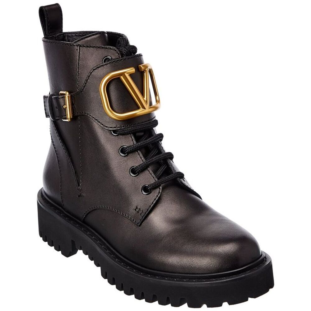 Valentino Vlogo 35 Leather Combat Boot, Black